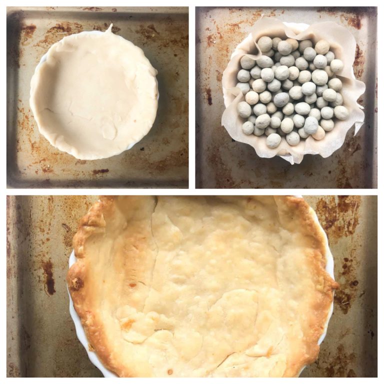 Collage of quiche crust in pan, unbaked, with pie weights and baked crust.