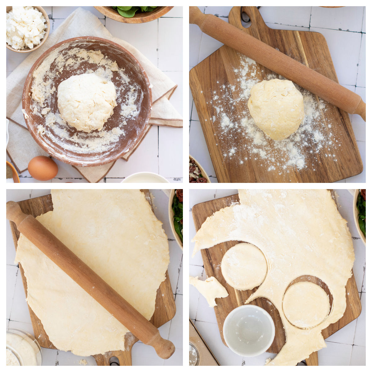 Four steps of dough preparation: mixing dough in a bowl, placing dough on floured board, rolling it out flat, and cutting circles with a glass.
