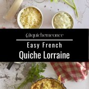 A flat lay of ingredients for Quiche Lorraine, including eggs, pastry dough, cream, chopped bacon, cheese, onion, parsley, and spices; below is a baked quiche on a table with orange slices, a knife, and a checkered cloth.