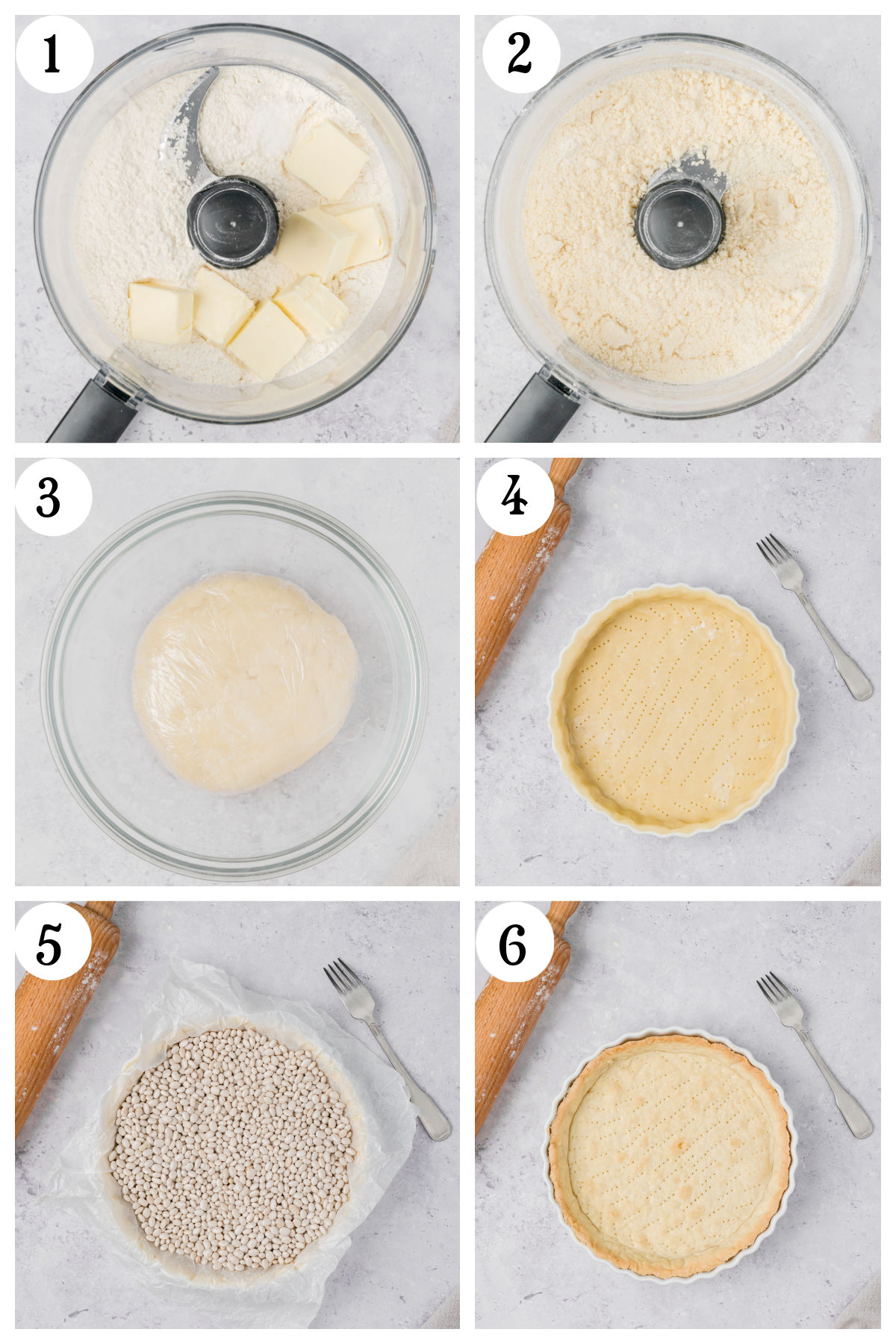 Step-by-step tart crust preparation: 1) Butter and flour in food processor, 2) Blended mixture, 3) Dough in bowl wrapped in plastic, 4) Dough pressed in tart pan, 5) Crust lined with beans for baking, 6) Baked empty crust.
