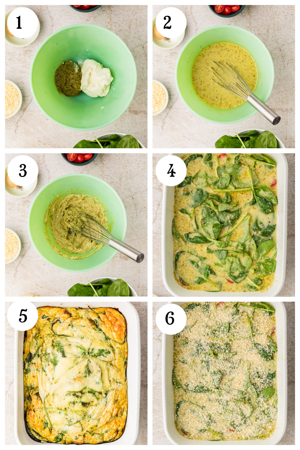 A six-step photo collage shows making a spinach casserole: 1. Pesto and cream in a bowl, 2. Whisked mixture, 3. Blended sauce, 4. Sauce with spinach in a baking dish, 5. Baked casserole, 6. Casserole topped with breadcrumbs.