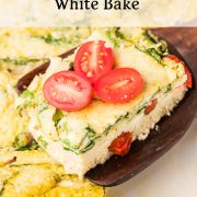 A slice of ricotta and spinach egg bake, reminiscent of a crustless egg white spinach quiche, is served from a baking dish. The text overlay reads Easy Breakfast: Ricotta & Spinach Egg White Bake by howtomakequiche.com.